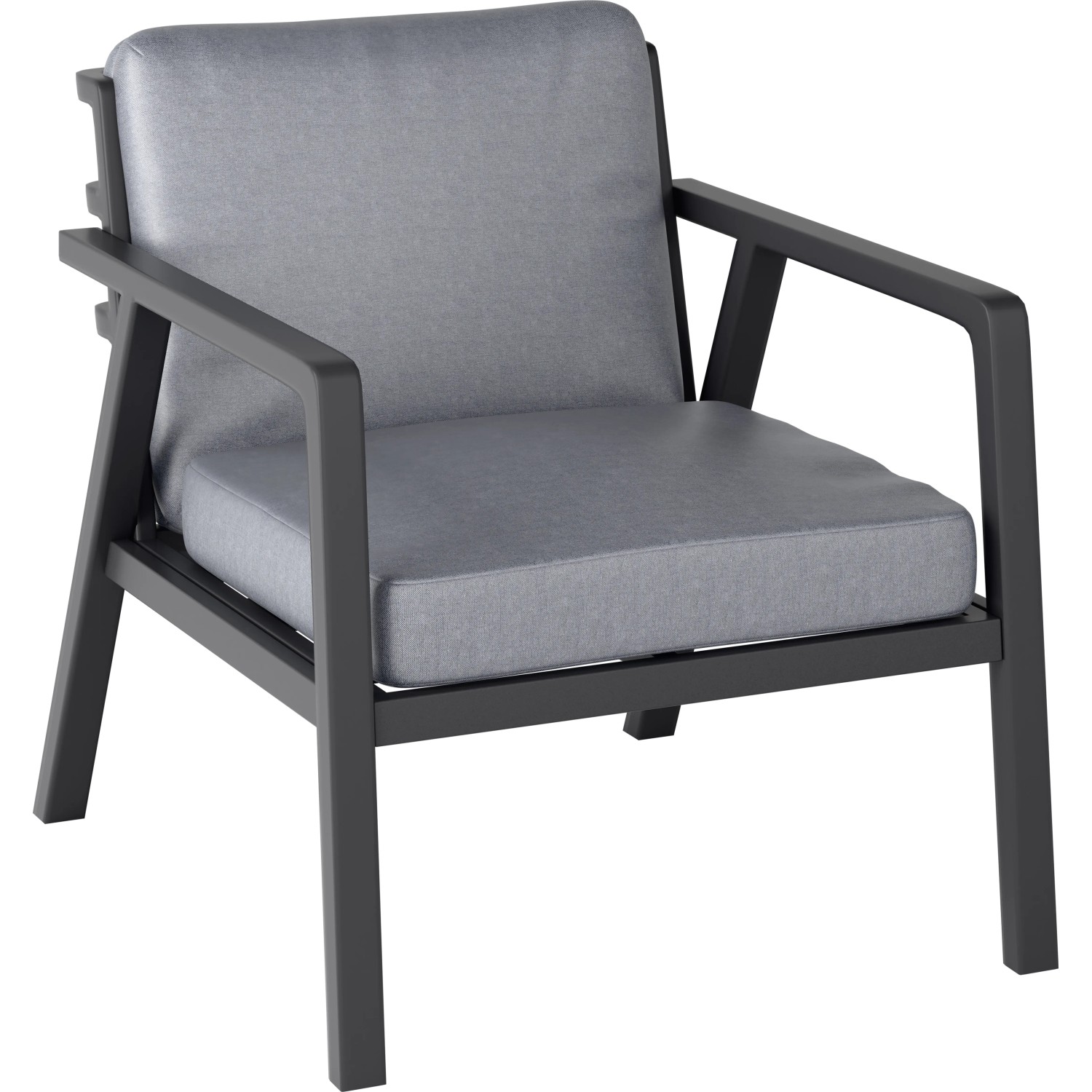 Sessel aus dem Lounge-Set Tamworth: Alu-Gestell in Anthrazit mit grauen Sitz- und Rückenkissen.