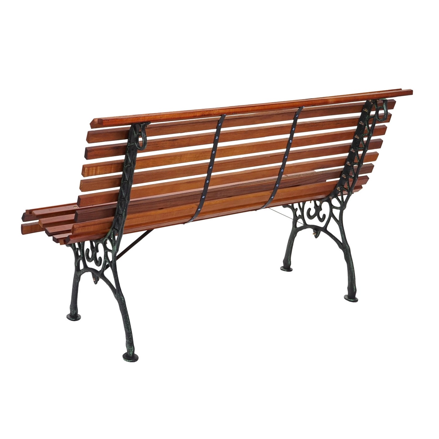 MCW Gartenbank F97, 2-Sitzer, braun, mit hoher Rückenlehne und Gusseisengestell.