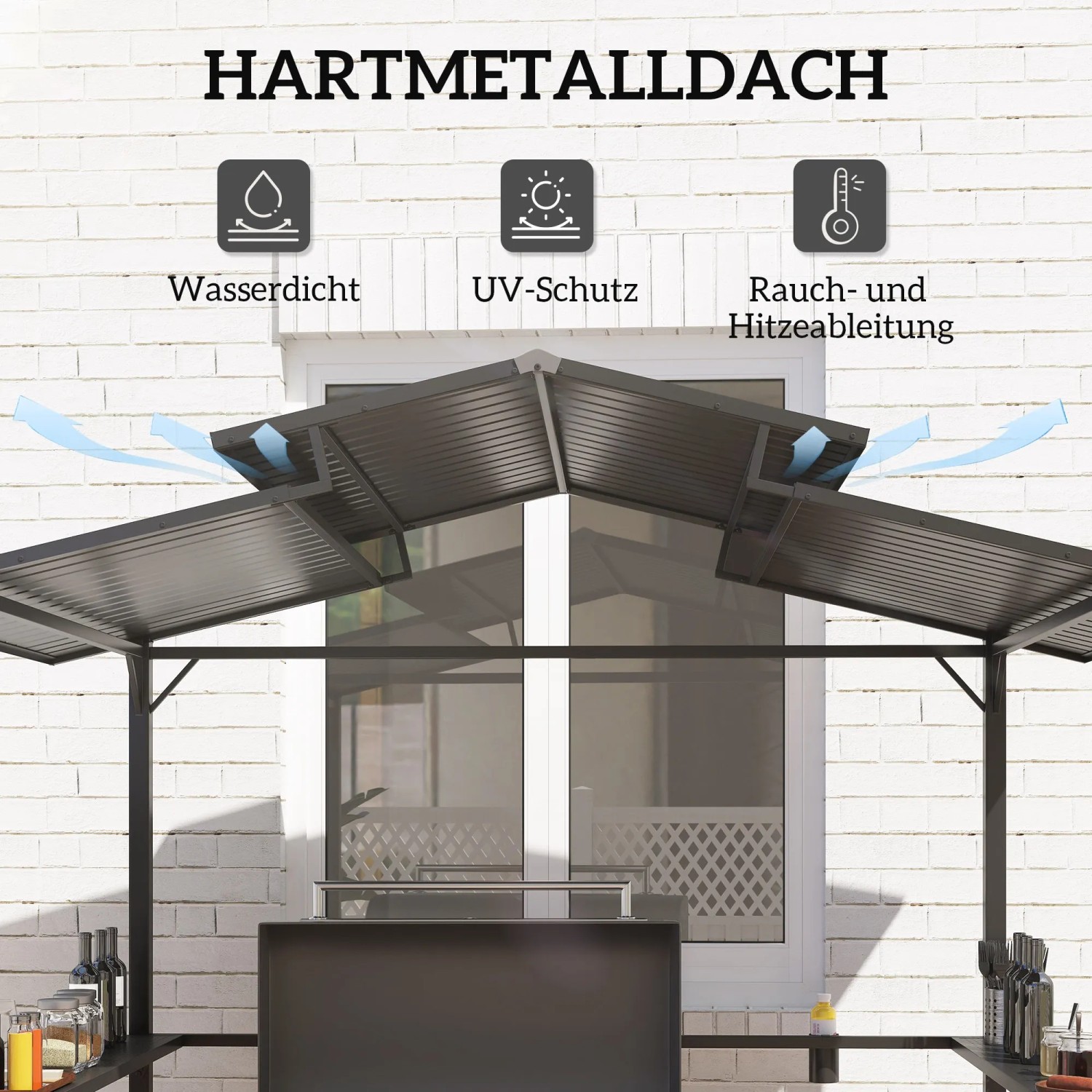 Outsunny Grillpavillon mit Metalldach in Schwarz, Wetterschutz und Belüftung.