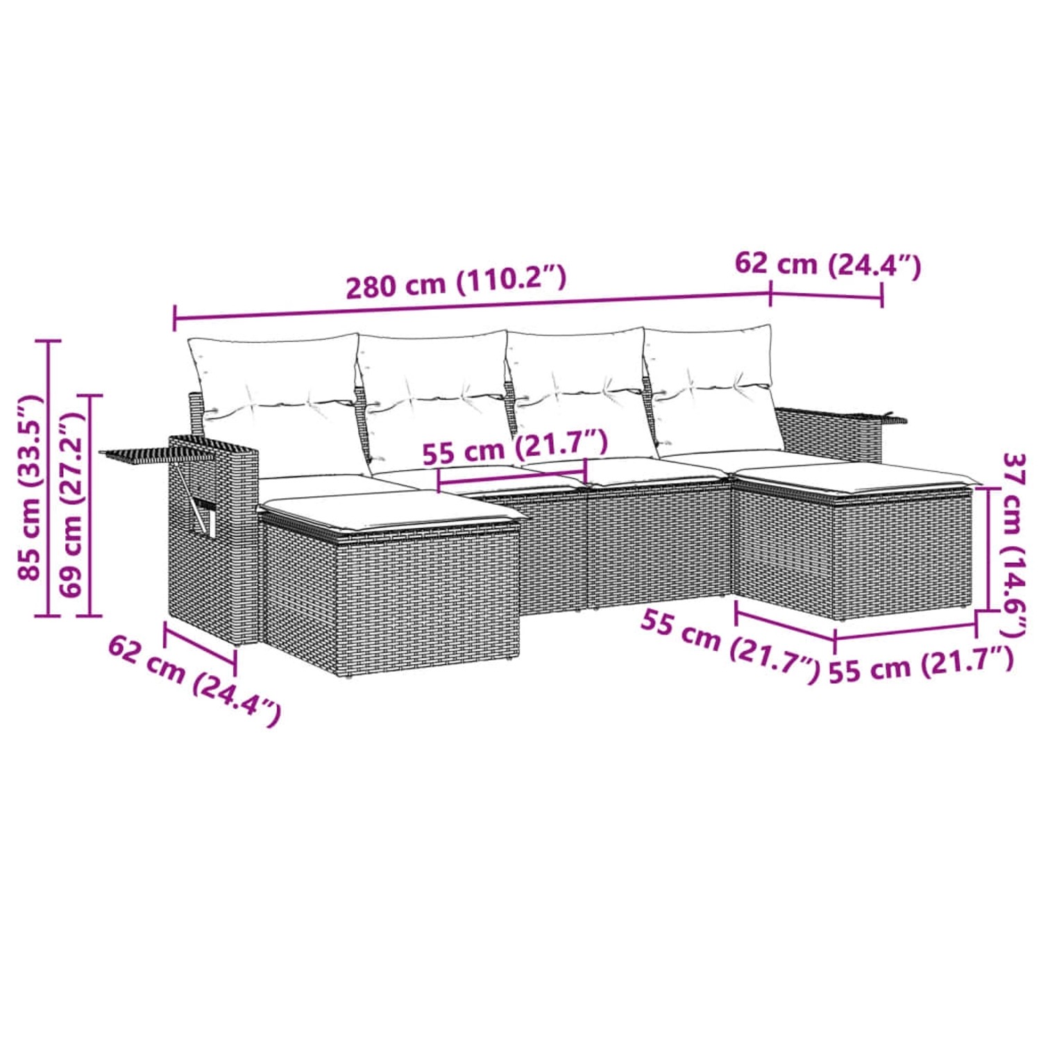 vidaXL 6-tlg. Garten-Sofagarnitur, hellgraues Poly Rattan mit Kissen und Maßangaben.