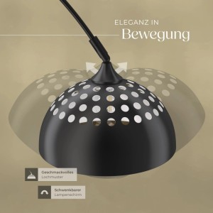 Schwarze Bogenleuchte im 70er-Jahre-Retro-Stil mit schwenkbarem Lampenschirm für Innenräume.