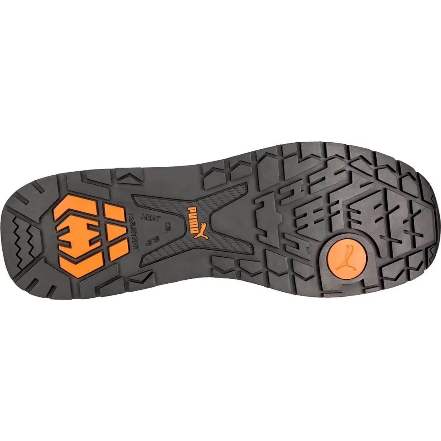 Sohle des Puma Safety Crosstwist Low S3 Arbeitsschuhs in Blau-Orange, Größe 41.