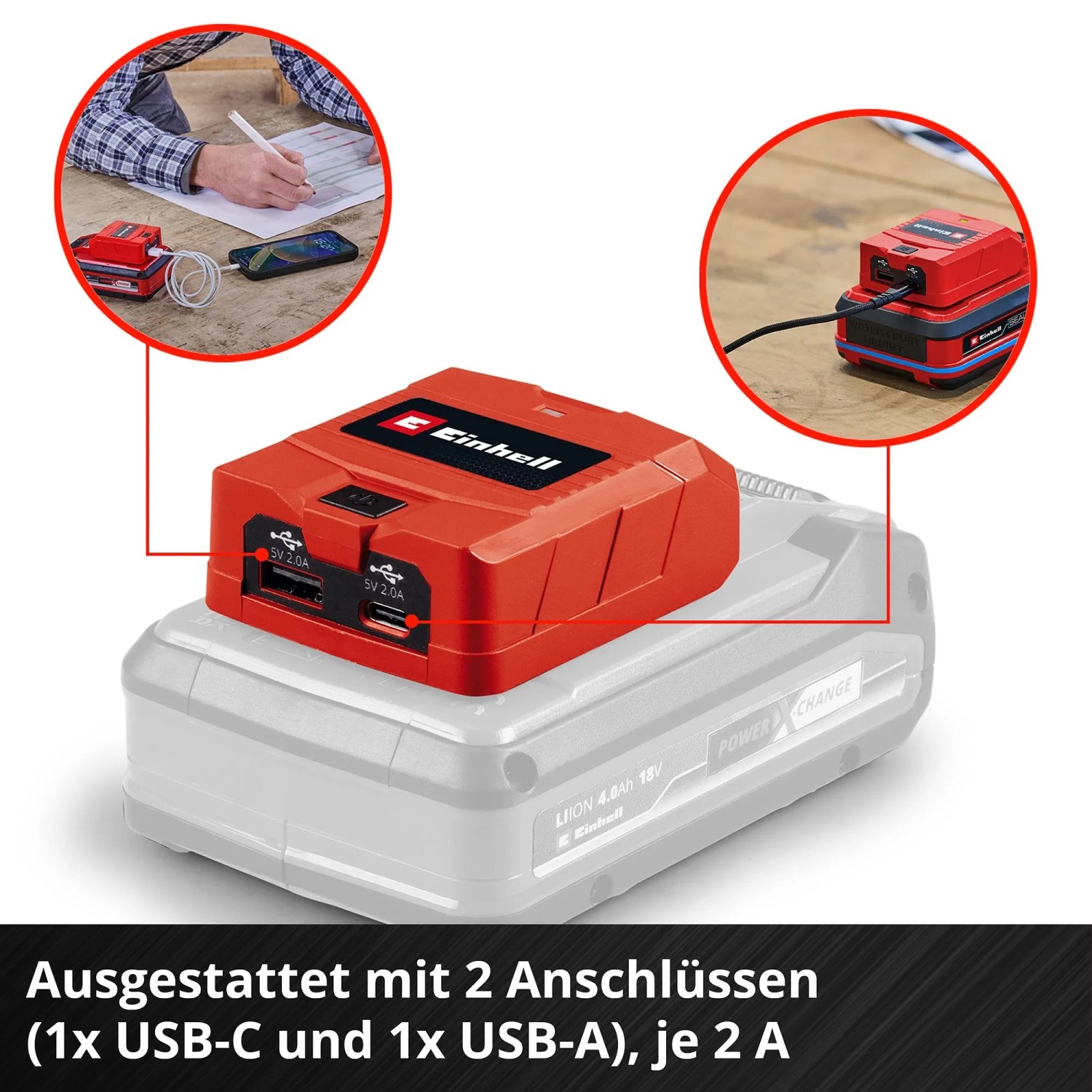 Einhell USB-Akku-Adapter TC-CP 18 Li USB A/C-Solo, rot, auf Akku mit USB-A und USB-C Anschlüssen.