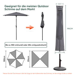 Sekey Schutzhülle für Sonnenschirme 350/300x200 cm, wasserdicht, 600D Oxford Gewebe, Abdeckhaube in Grau.
