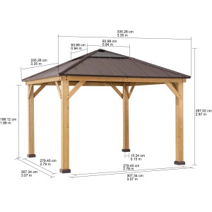 Sunjoy Pavillon Pirin aus Zedernholz, 336x336 cm, braun, mit Maßangaben.