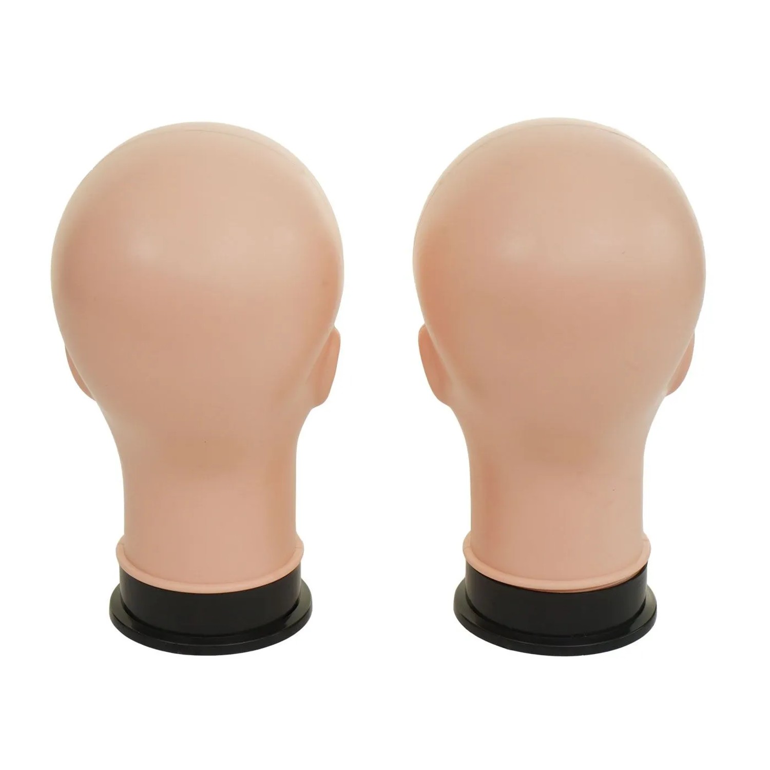 Zwei beige Mannequin-Köpfe (30cm) mit schwarzem Standfuß, von hinten. Ideal für Perücken und Dekoration.