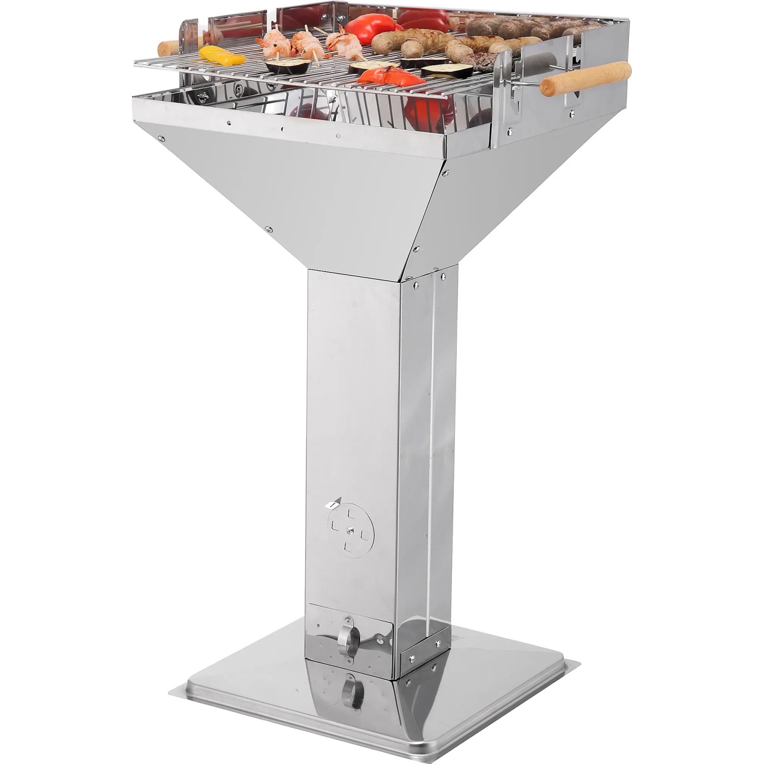 Tepro Holzkohle Säulengrill Vista aus Edelstahl mit Grillgut.