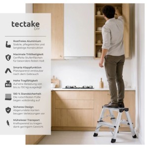 Tectake Doppelseitige Trittleiter  2 Stufen  Aluminium Klappbar  Rutschfest 38 x 42 5 x 38 5 cm 42 5 x 38 x 38 5 cm Silber