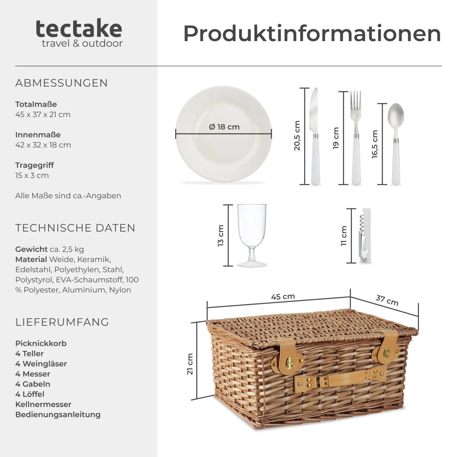 Tectake Picknickkorb Föhr Für 4 Personen Integriertes Kühlfach 37 x 45 x 21 cm Braun_6
