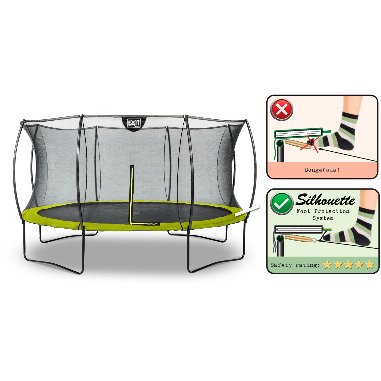 Grünes EXIT Silhouette Trampolin D427cm mit Sicherheitsnetz und Fußschutzsystem.