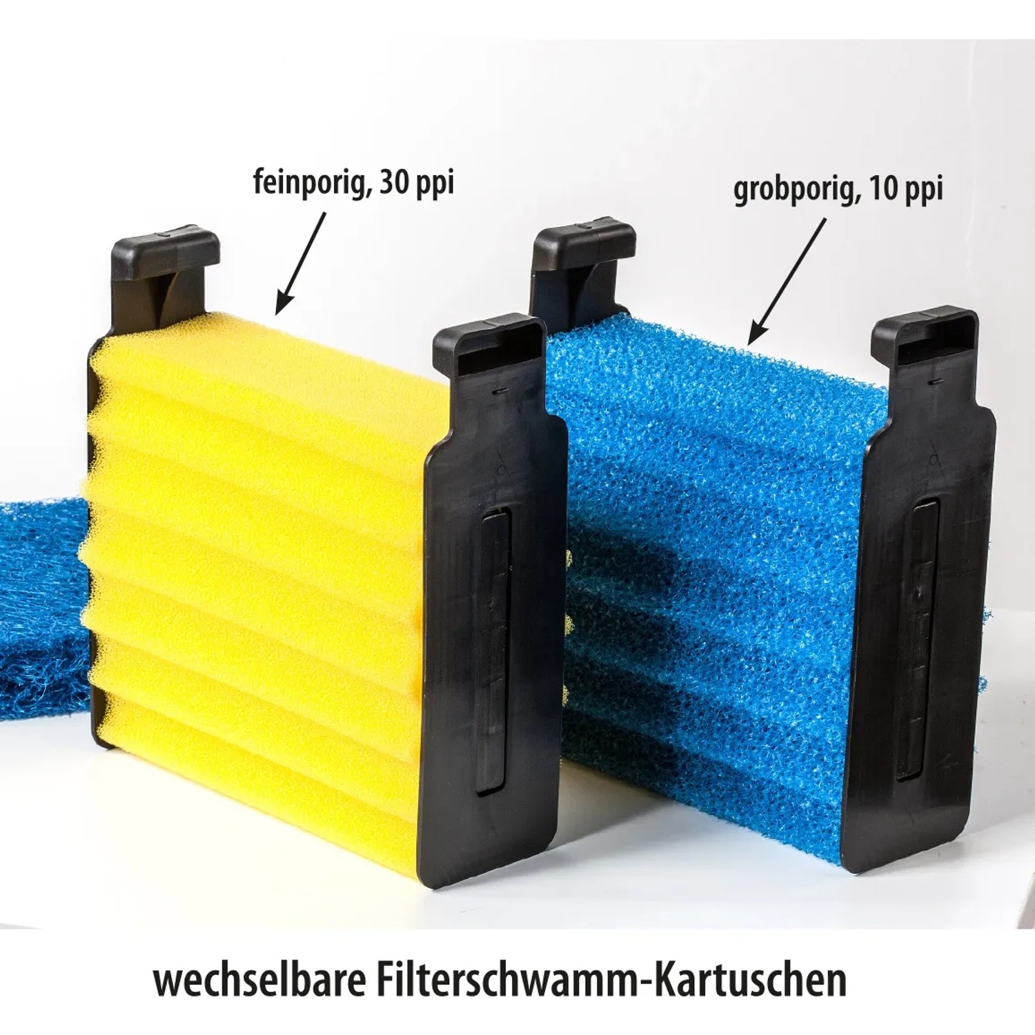 Heissner Filterschwamm-Kartuschen, gelb (feinporig) und blau (grobporig) für Durchlauffilter-Set.