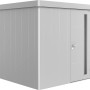 Biohort Gerätehaus Neo 2B in Silber-Metallic mit Standardtür. Robustes Metall-Gartenhaus.