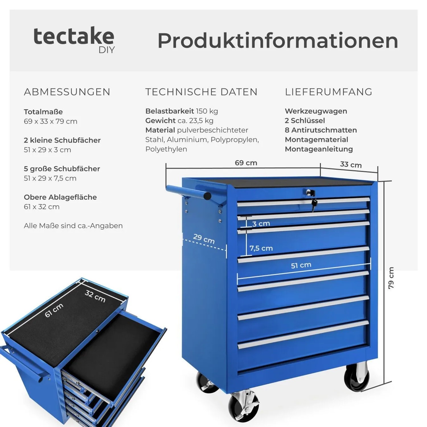 Blauer Tectake Werkzeugwagen mit 7 Schubladen, Antirutschmatten und Rollen. Werkstattwagen für Werkzeug.