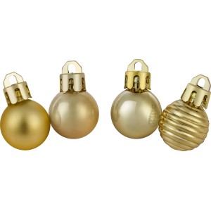 30 goldene Weihnachtskugeln aus Kunststoff, Ø 2 cm, mit verschiedenen Designs.