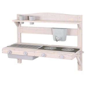 roba Matschküche zum Hängen, grau, aus FSC-Holz mit Wasserhahn, Kochfeld und Ablage.