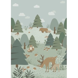 ESTAhome Fototapete Wald mit Tieren, grüne Vliestapete für Kinderzimmer (200x279 cm).