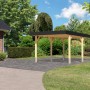 Karibu Einzelcarport aus Leimholz, naturbelassen mit anthrazitfarbener Dachblende im Garten.