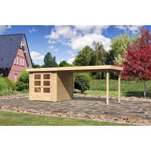 Karibu Holz-Gartenhaus Boras, unbehandelt, mit Anbau. Gartenhaus mit Doppeltür und Überdachung.
