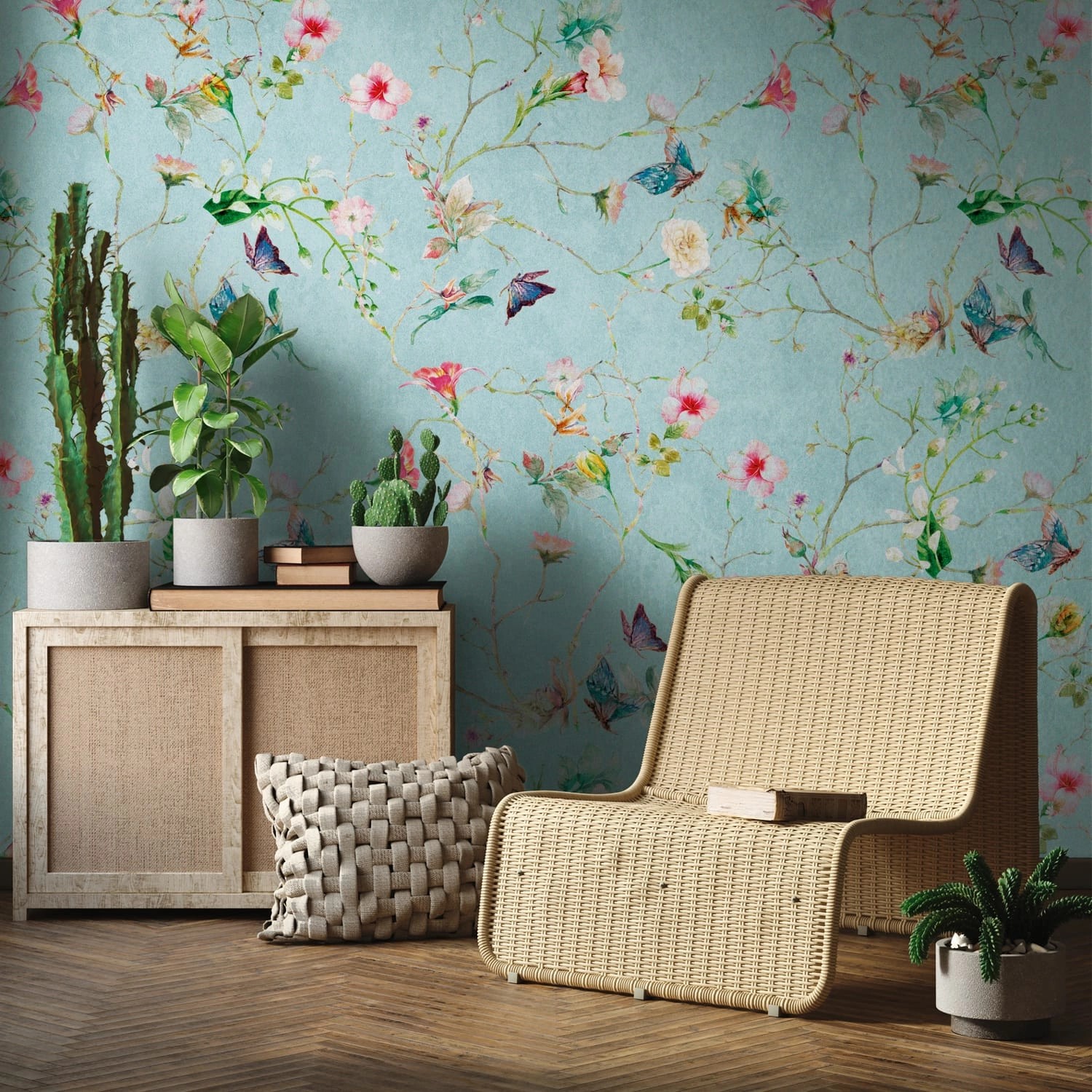 PROFHOME 382681-GU Fototapete Blumen Matt Türkis Grün Rosa Blau 1,59 m x 2, günstig online kaufen
