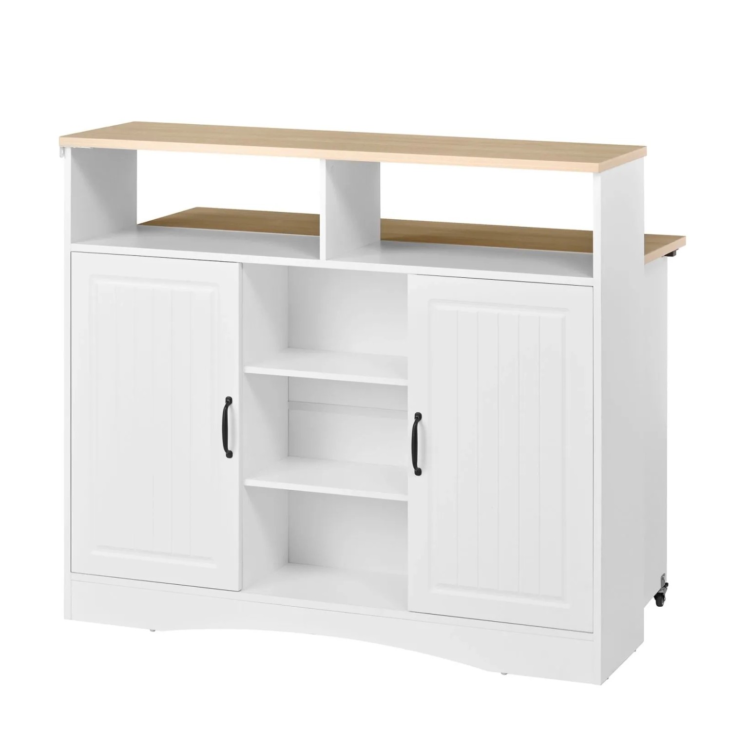 PXloue Sideboard Kücheninsel auf Rollen mit Klappplatte und 2 Hockern Weiß