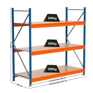 PROREGAL Industrie Weitspannregal Lagerregal MAXIMUS PRO Grundregal HxBxT 200x200x80cm 3 Spanplatten-Fachboden Fachlast 690kg Blau/Orange