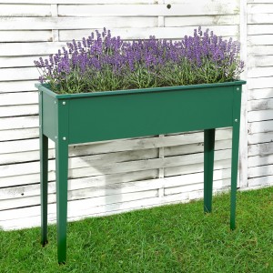Floraworld Hochbeet Season, grün, 100x30x80cm, bepflanzt mit Lavendel, vor weißem Holzzaun.