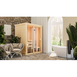 Karibu Sauna Sky 1 aus Fichte mit 3,6 kW Ofen und integr. Steuerung in naturbelassenem Holz.