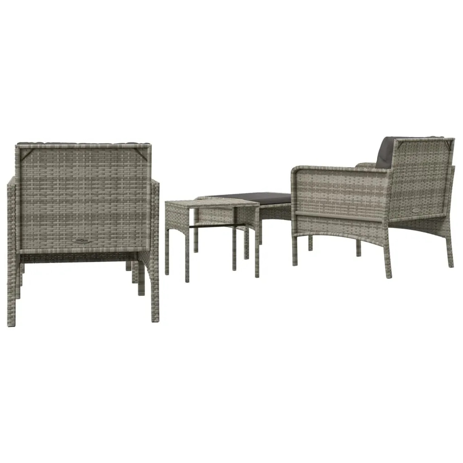 Graues 5-tlg. Garten Lounge Set aus Rattan mit Tisch, Stühlen und Hockern.