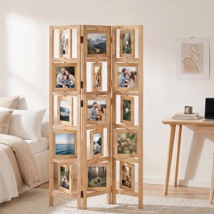 Brauner 3-teiliger Holz-Paravent mit Fotohaltern als Raumteiler. Zusammenklappbarer Sichtschutz für Wohnbereiche.