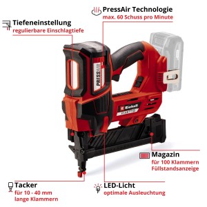 Einhell Akku-Tacker Fixetto 18/38 S: Akku-betriebenes Werkzeug mit Magazin und LED-Licht.