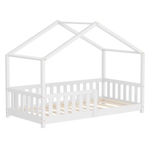 Weißes ML-Design Hausbett (80x160 cm) aus Kiefernholz mit Rausfallschutz.