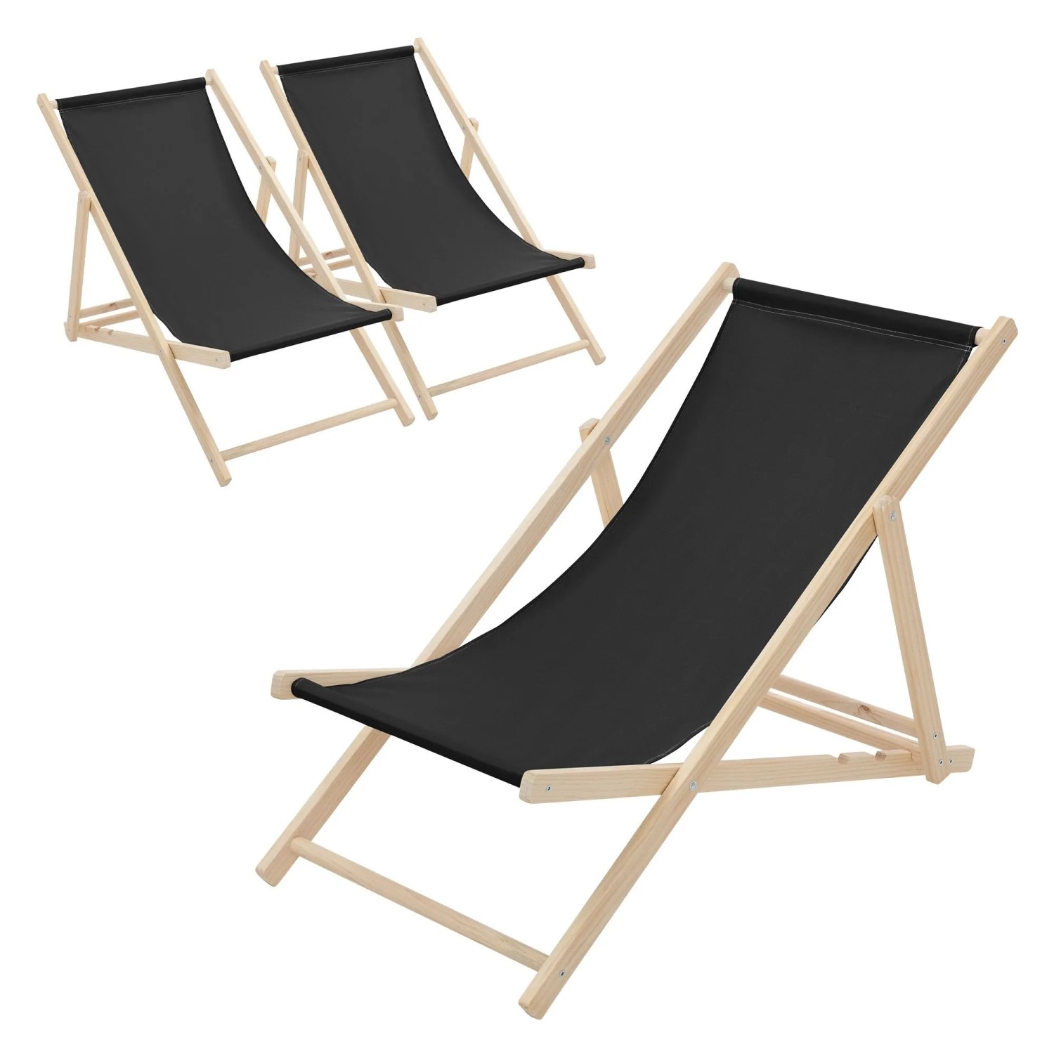 ECD Germany Liegestuhl 3Er Set Klappbar Schwarz aus Holz