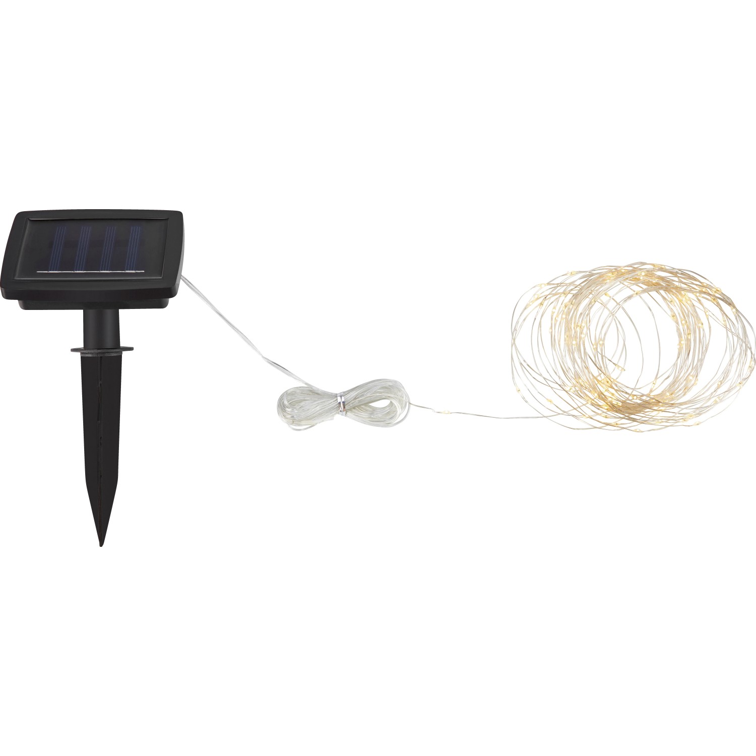 Solar-Lichterkette Longo mit 100 warmweißen LEDs und Solarpanel für den Außenbereich.