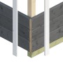 Detailansicht Skan Holz Gartenhaus Namur, schiefergraue Holzwand mit Eckverbindung.