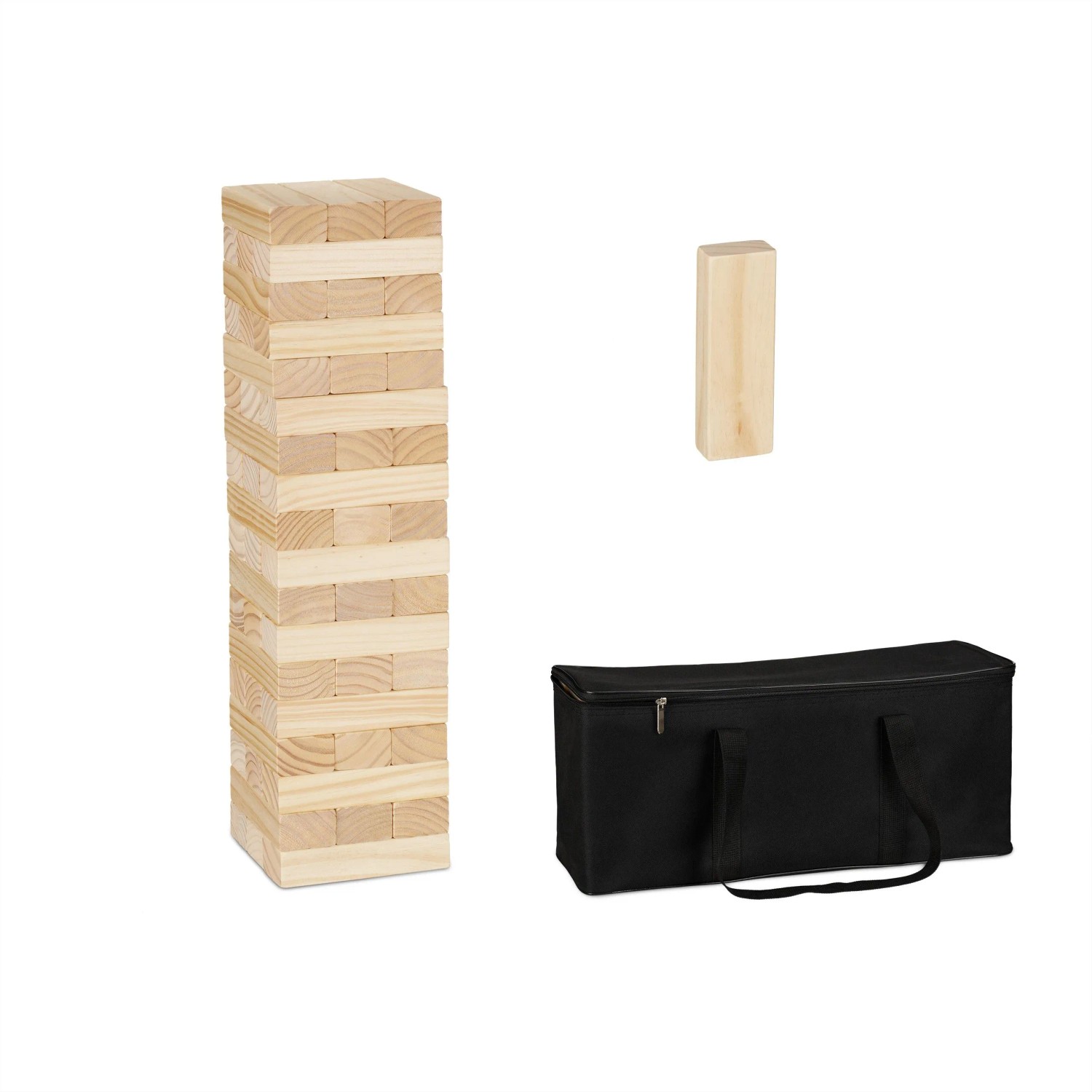 Relaxdays Wackelturm Holz Natur Schwarz XL Mit Tasche 63 cm x 16,5 cm x 16,5 cm 8 kg