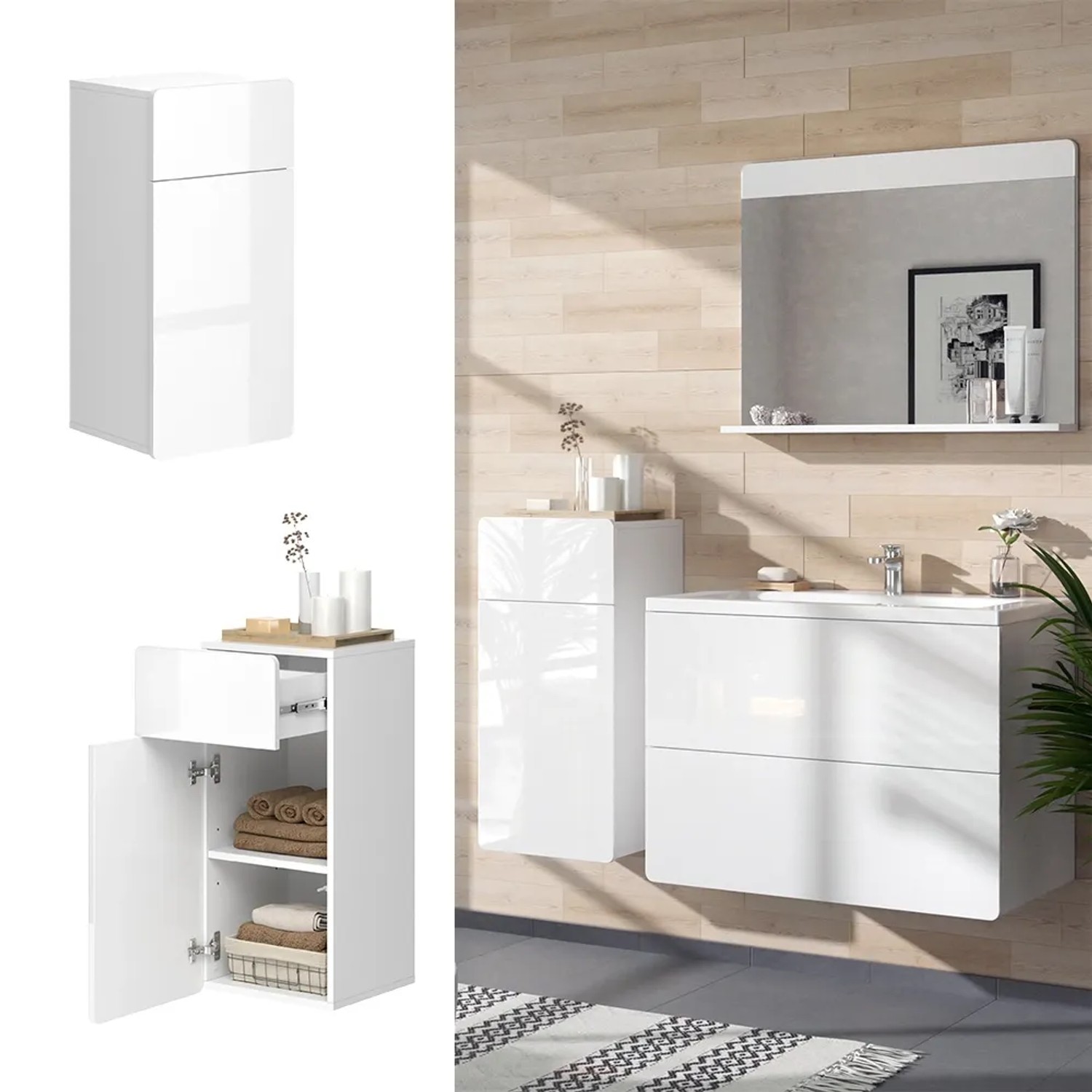 Vicco Midischrank Izan, weiß hochglanz, 37x77cm, mit Schublade und Tür. Badregal für mehr Stauraum im Bad.