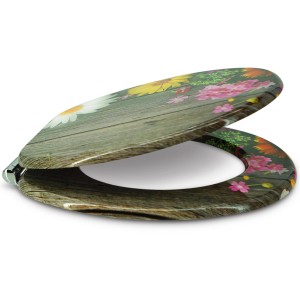 Sanfino WC-Sitz Alp Meadow mit Blumenmotiv und Absenkautomatik, aus Holz.