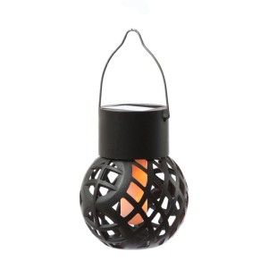 Schwarze Marelida LED Solar Hängeleuchte mit Flammeneffekt für Garten und Balkon.