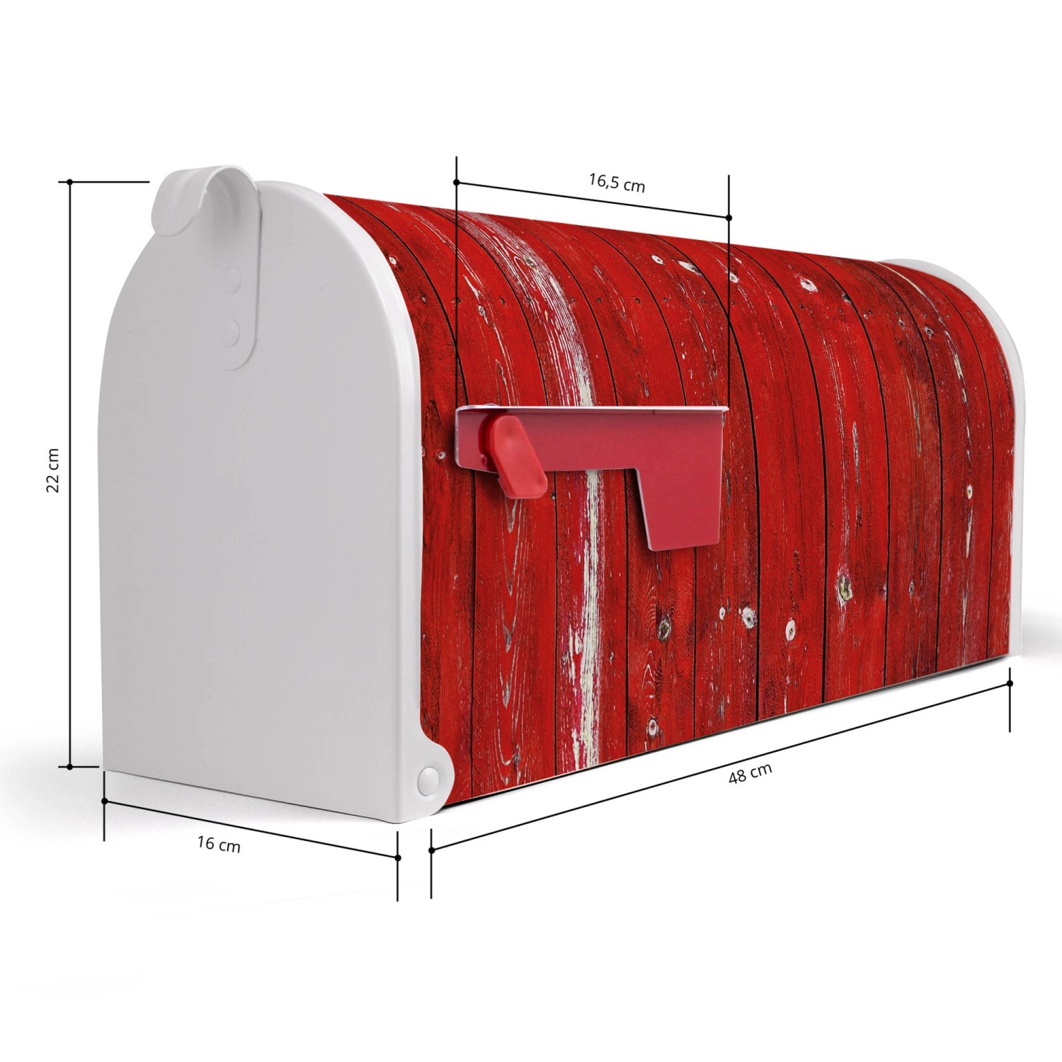 Weißer US Briefkasten mit roter Fahne und Motiv rote Holzlatten. Amerikanischer Postkasten.