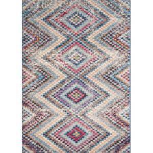 Art Universe Teppich Milano Sandy Blue mit modernem, geometrischem Rautenmuster in Blau, Beige und bunten Akzenten.