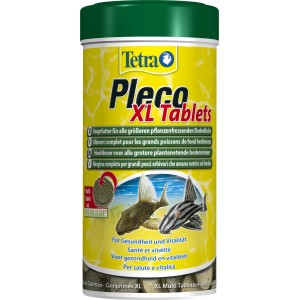 Tetra Pleco XL Tabletten für pflanzenfressende Bodenfische im gelben Behälter.