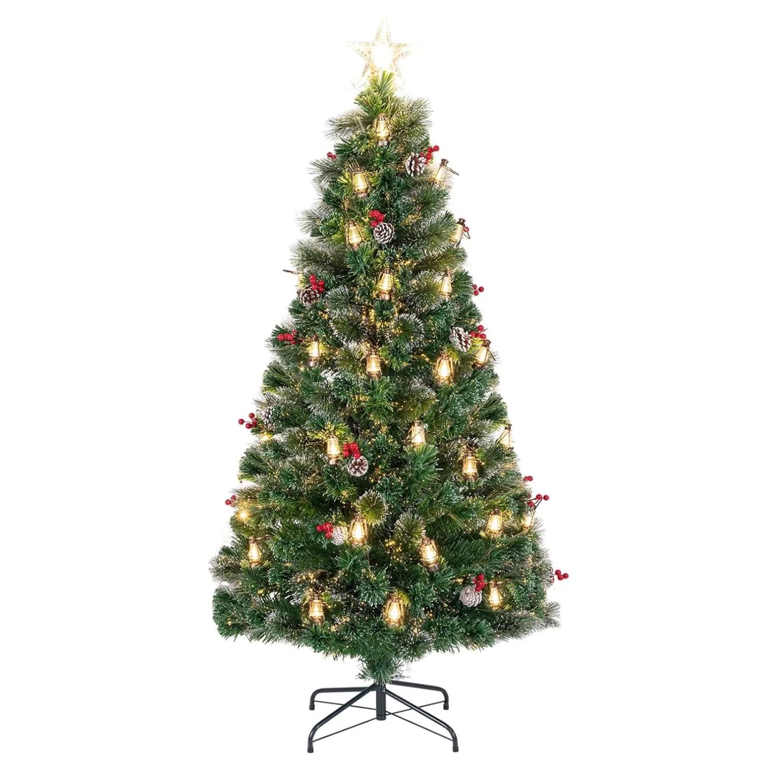 Costway Tannenbaum mit Leds & Glasfaser & Sternspitze Grün 180 cm