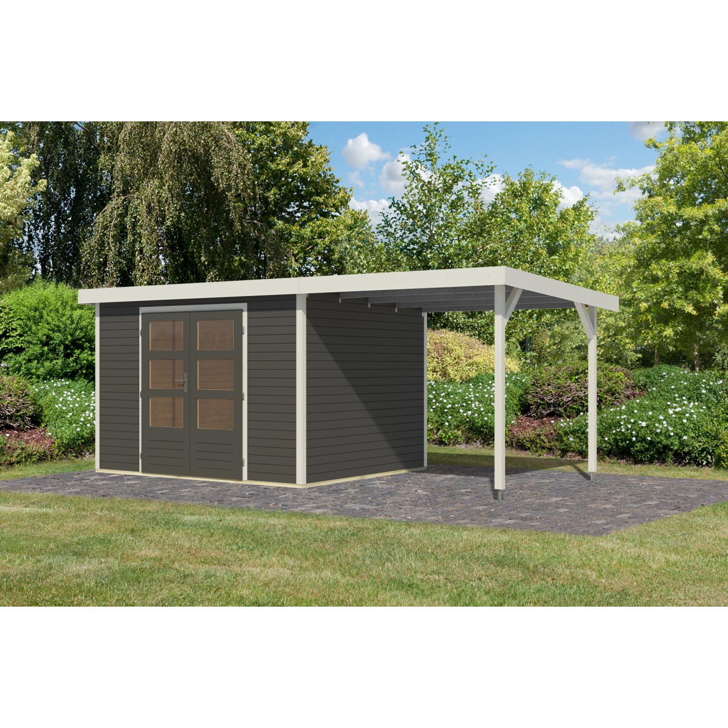 Karibu Gartenhaus Ernesto 5 B m. Anbaudach Terragrau/Weiß 209 x 298 x 242 c günstig online kaufen