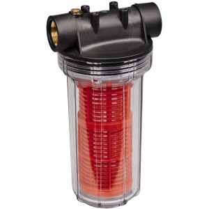 Einhell Vorfilter 25 cm für Pumpen und Hauswasserwerke, mit transparentem Gehäuse und rotem Filter.