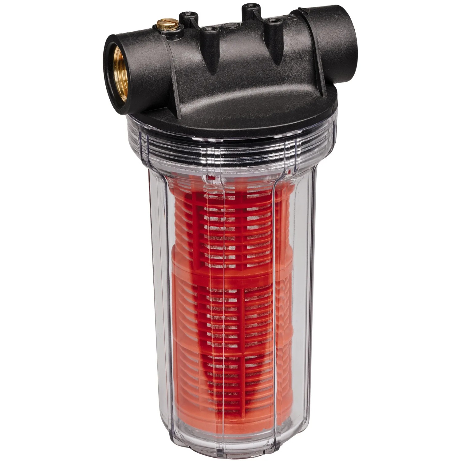 Einhell Vorfilter 25 cm für Pumpen und Hauswasserwerke, mit transparentem Gehäuse und rotem Filter.