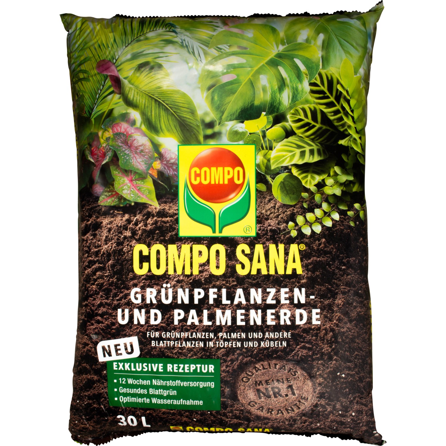 Compo Sana Grünpflanzen- und Palmenerde, 30L Sack mit Pflanzenmotiv.