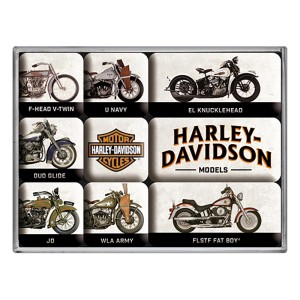Nostalgic-Art Magnet-Set mit 9 Harley Davidson Motorrad-Modellen als Küchenhelfer.