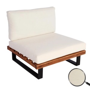 MCW Lounge-Sessel H54 mit braunem Akazienholzgestell, schwarzen Metallbeinen und cremefarbenen Polstern.