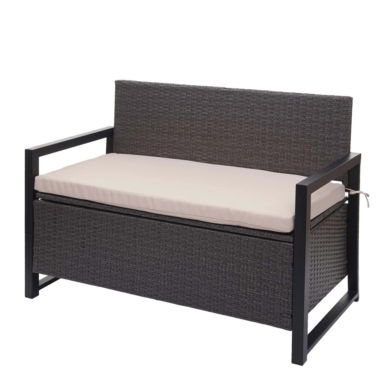 PROREGAL Poly-Rattan 2er Sitzbank HxBxT 87x117x57cm Gartenbank Truhenbank Grau Kissen Beige Staufach Aufbewahrung Sitzkissen