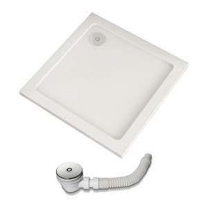 Quadratische, weiße AICA Duschwanne 76x76 cm aus Kunststein mit Ablaufgarnitur.